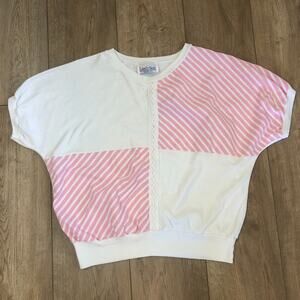 VTG 80s/90s Land N Sea Colorblock Striped Short Sleeve Top Made In USA Boho Lace